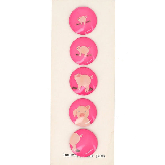 Buttons : Light Pink Pig on Candy Pink Buttons. Diameter 28mm. (Set of 5 Different Buttons) - Galalith – Vintage Jewelry - handcrafted by Pavone by Pavone