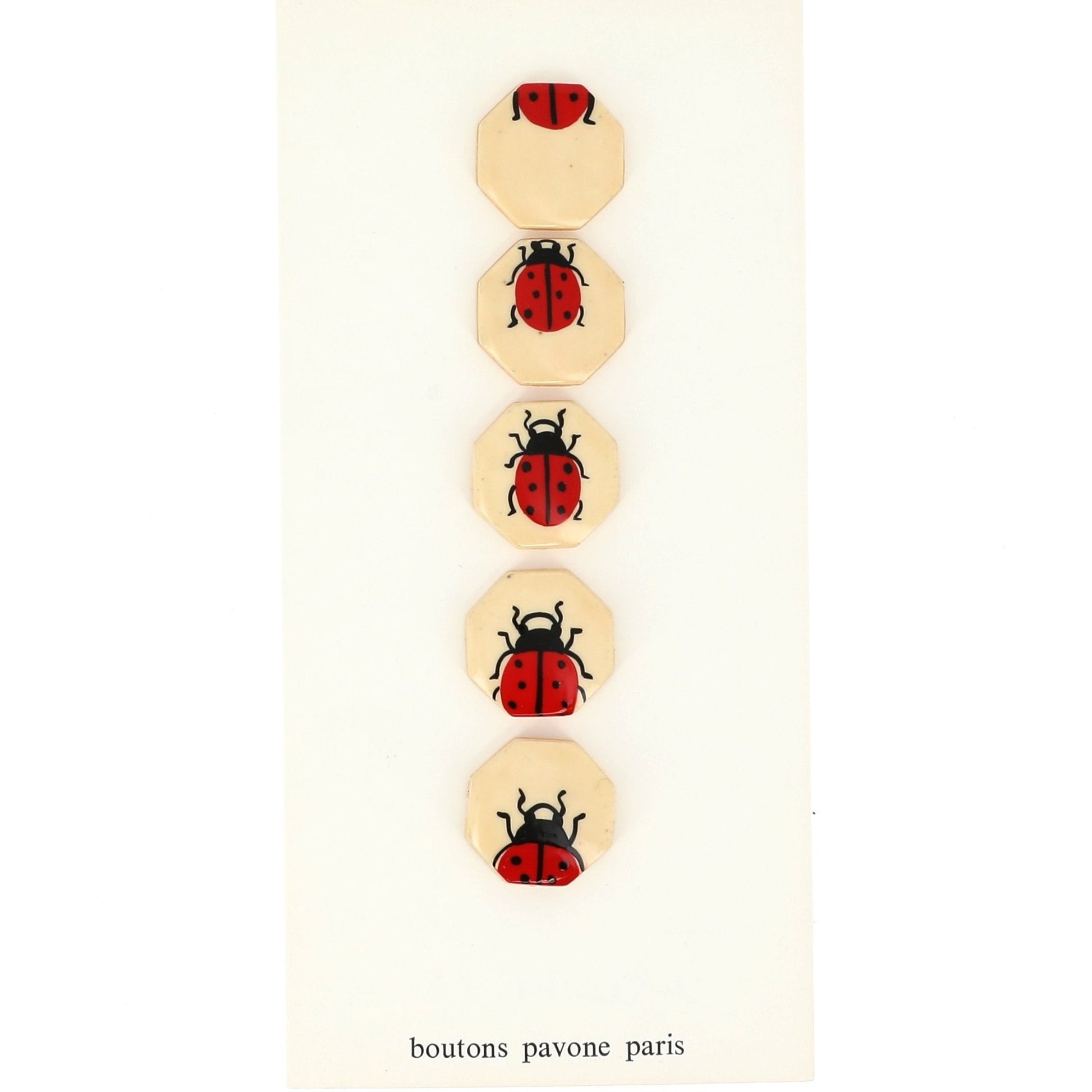 Buttons : Red Ladybug on Octogonal Light Cream Buttons. Diameter 24mm. (Set of 5 Different Buttons) - Galalith – Vintage Jewelry - handcrafted by Pavone by Pavone