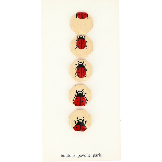 Buttons : Red Ladybug on Octogonal Light Cream Buttons. Diameter 24mm. (Set of 5 Different Buttons) - Galalith – Vintage Jewelry - handcrafted by Pavone by Pavone