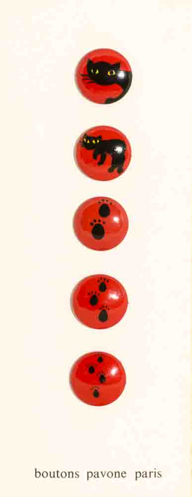 Buttons Set of 5 Buttons : Black Cat and Tracks on Red Buttons (diameter : 26mm) - Galalith – Vintage Jewelry - handcrafted by Pavone by Pavone