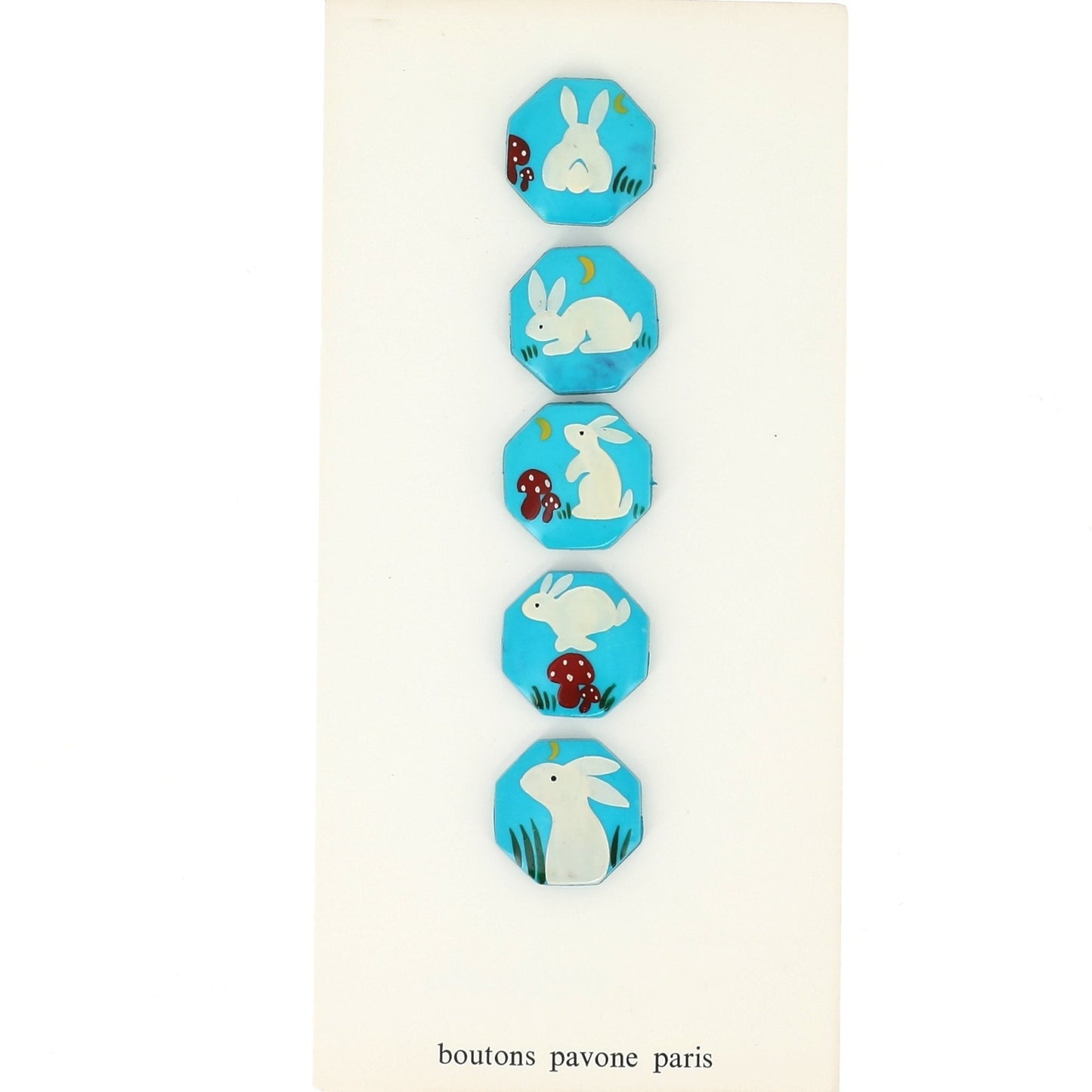 Buttons : White Bunny on Turquoise Octogonal Buttons. Diameter 22mm. Set of 5 Different Buttons) - Galalith – Vintage Jewelry - handcrafted by Pavone by Pavone