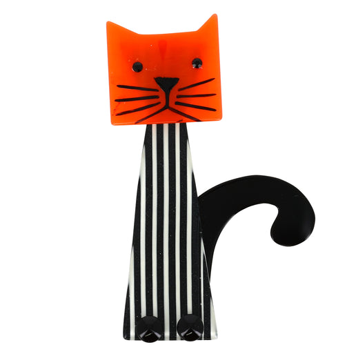 Orange and Striped Black and White Teapot Cat Brooch (with vertical stripes)