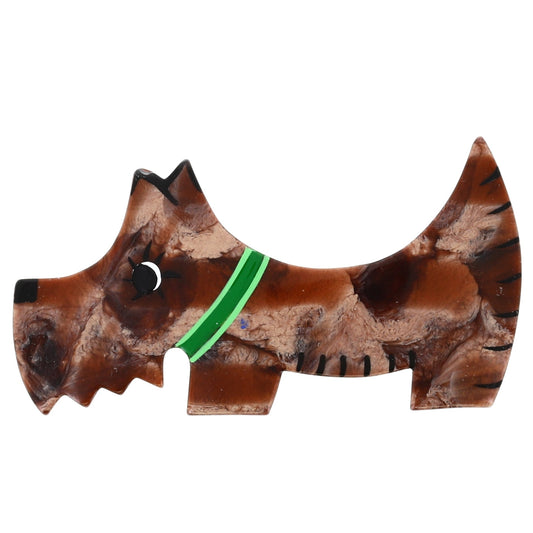 Cappuccino Brown Scottish Raoul Dog Brooch with green collar - Galalith – Vintage Jewelry - handcrafted by Pavone by Pavone