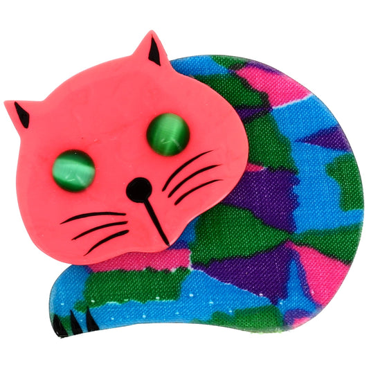 Chat Roudoudou pink brooch and printed dress - Galalith – Vintage Jewelry - handcrafted by Pavone by Pavone