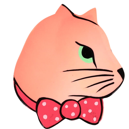 Light Pink Ribbon Cat Brooch in galalith