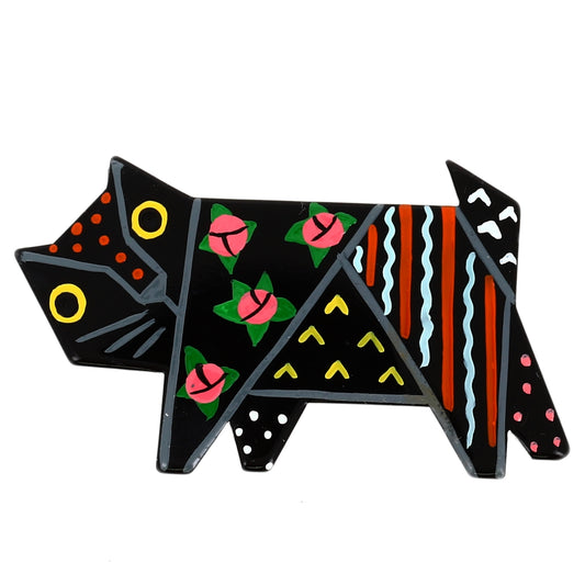 Black Wallpapers Cat Brooch with pink flowers