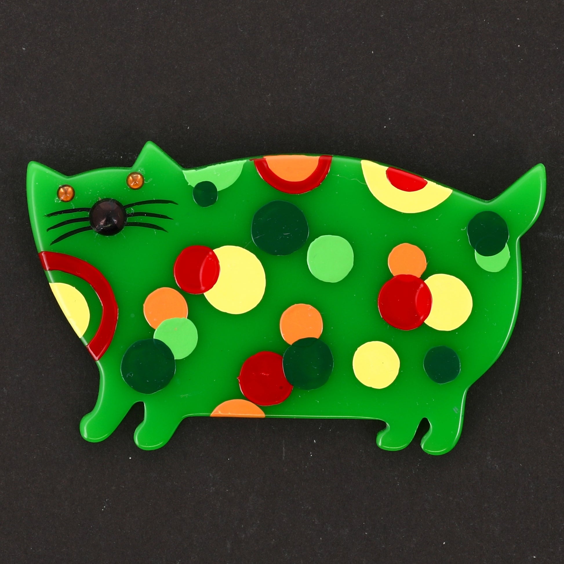 Miny Decor Cat Brooch with green, almond, orange, yellow and red polka dots in galalith