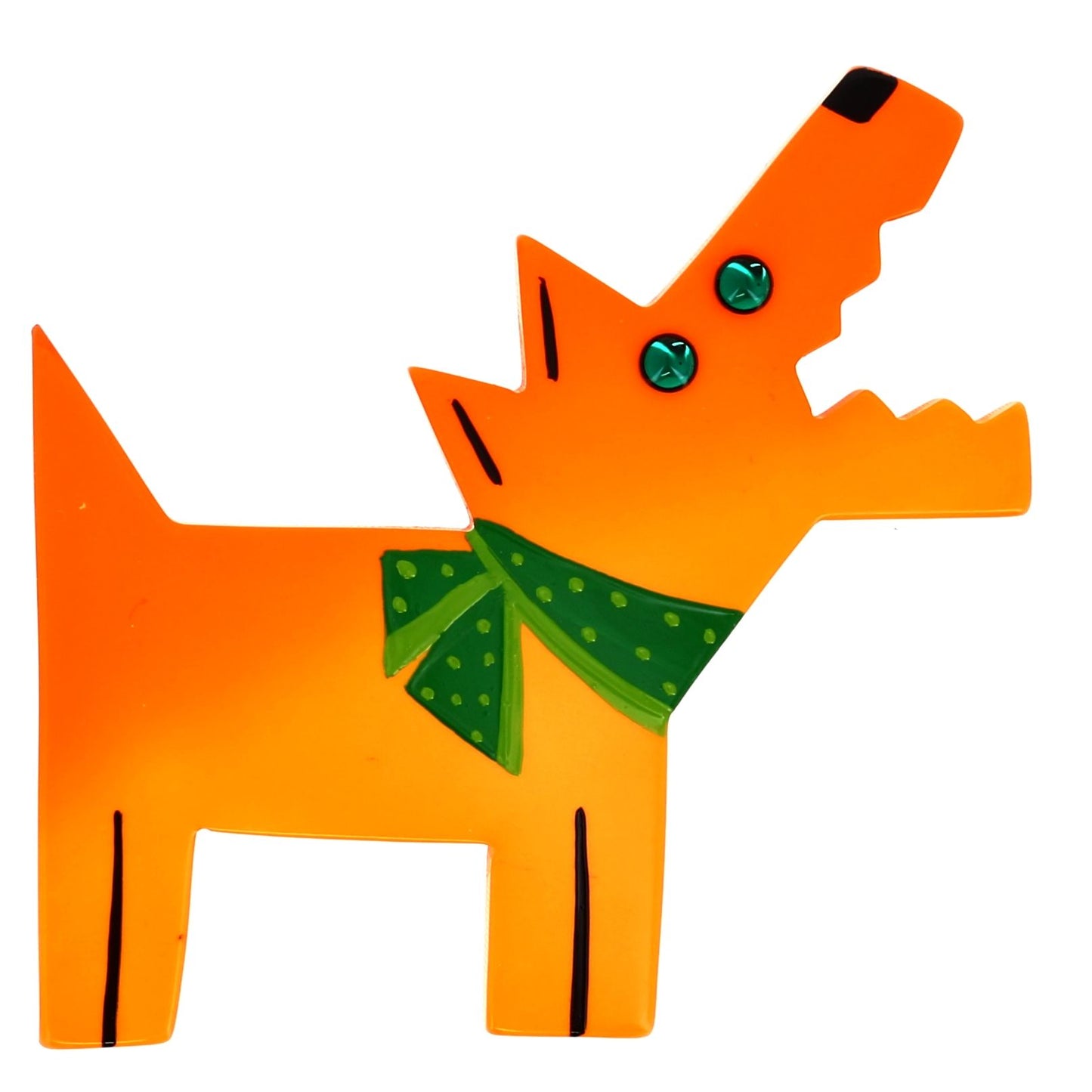 Barky, the Pirate's dog, orange and green, in galalith