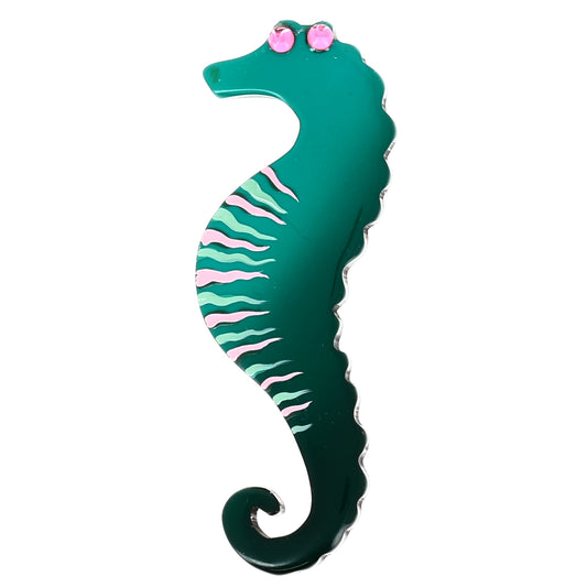Emerald Green, Pink and Azur Blue Seahorse Brooch