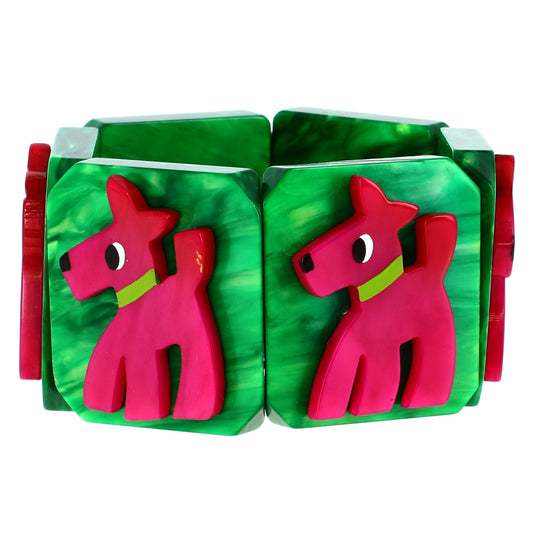 Fuchsia Pink and Green Fox Dog Bracelet - Galalith – Vintage Jewelry - handcrafted by Pavone by Pavone