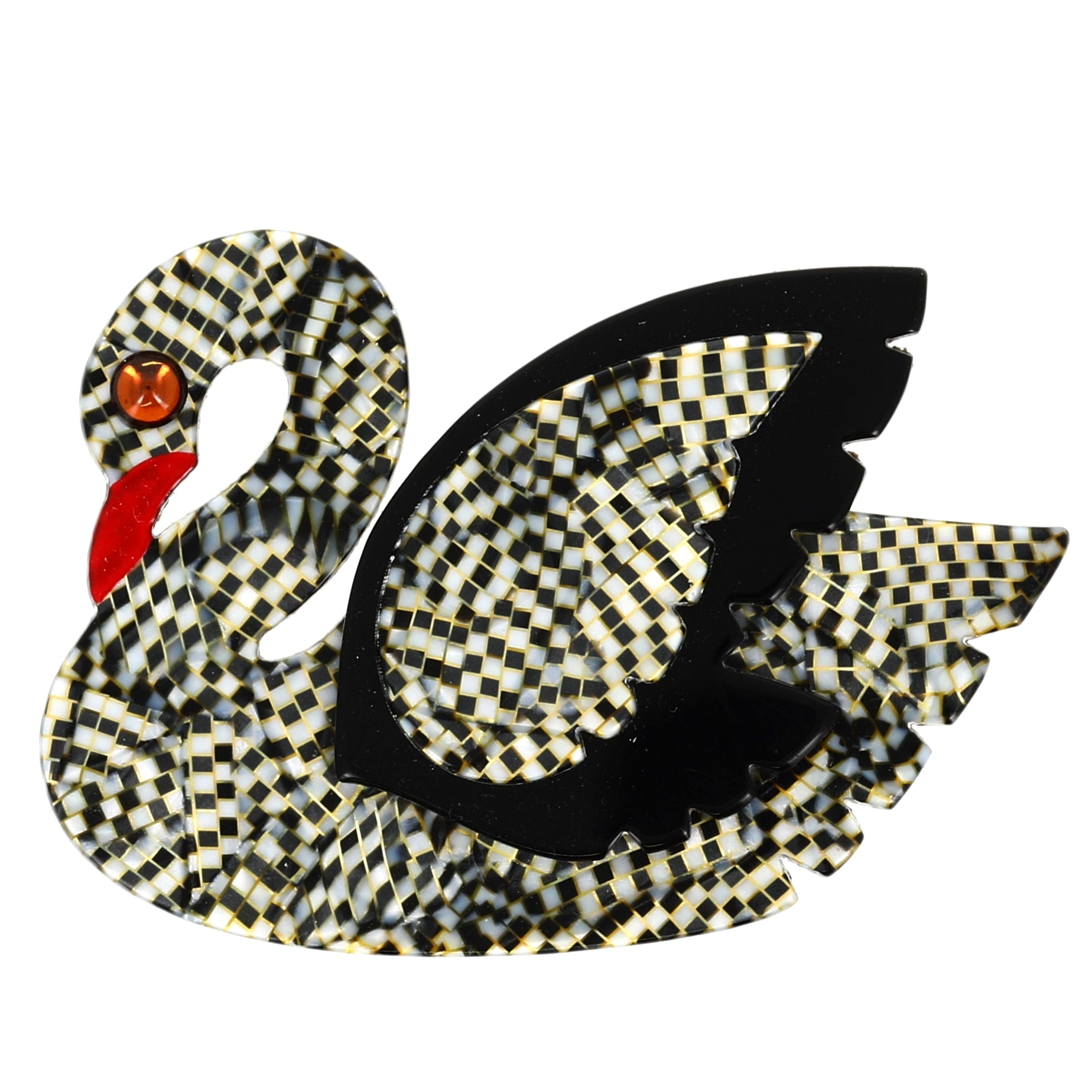Black and White Checkered with Black Wing Swan Bird Brooch