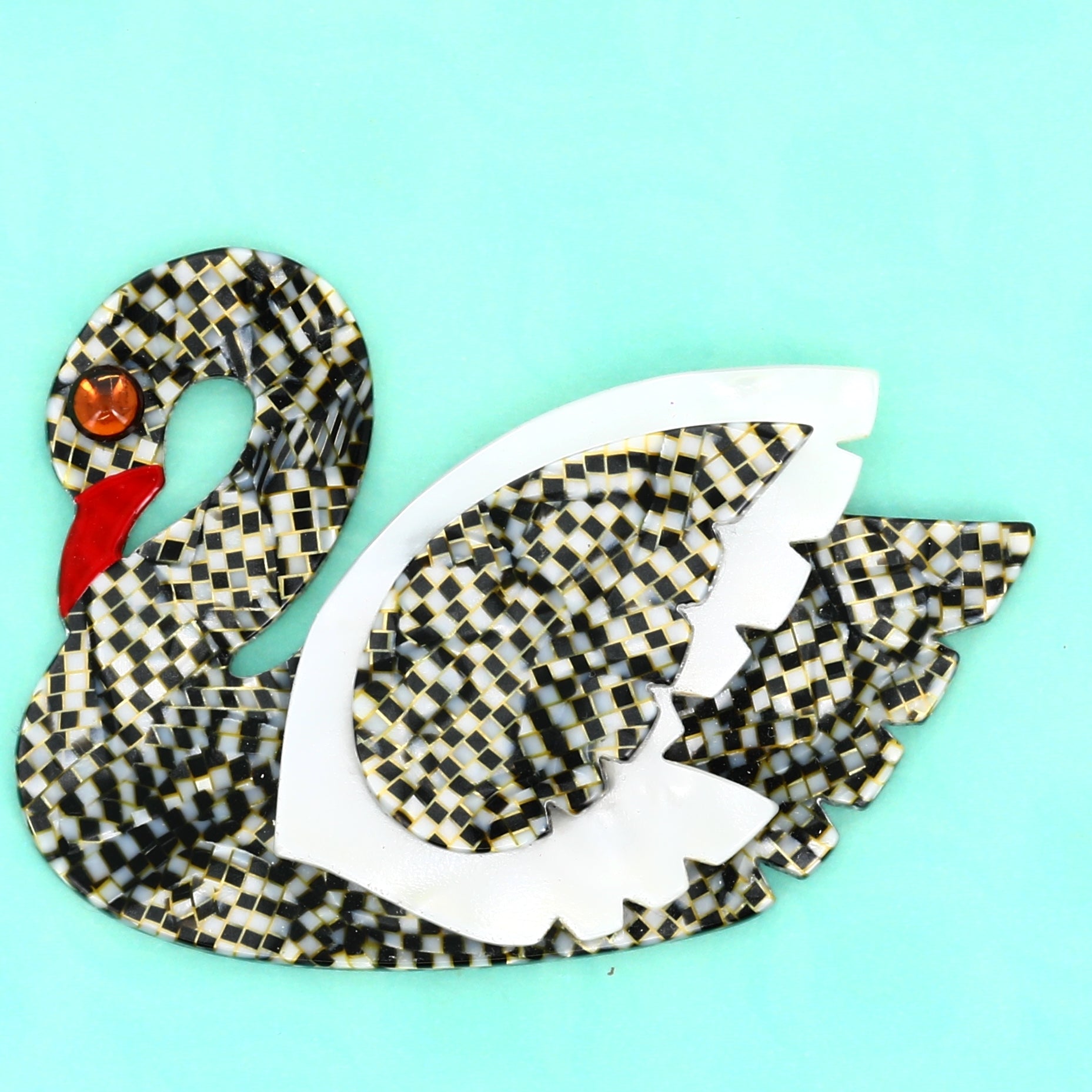 Black and White Checkered with White Wing Swan Bird Brooch