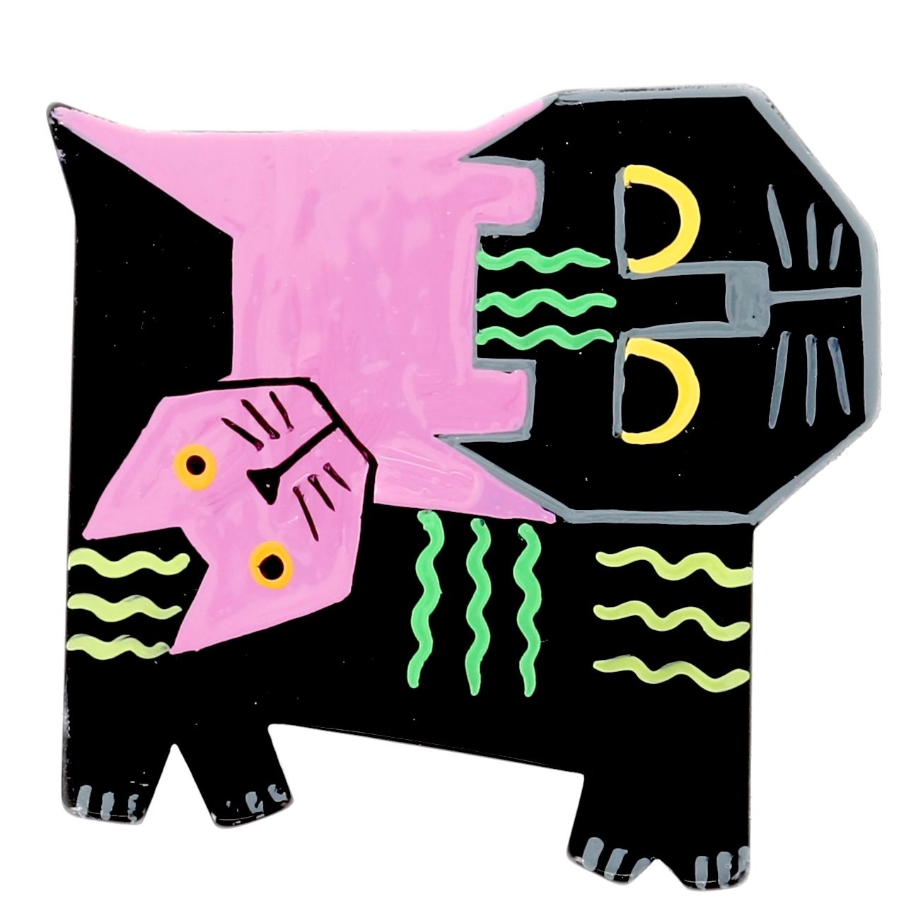Black and Pink Picasso Cat Brooch in galalith