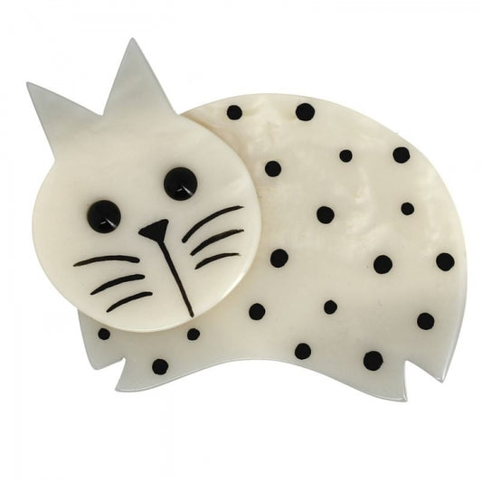 White Polka Dot Plump Cat Brooch in galalith