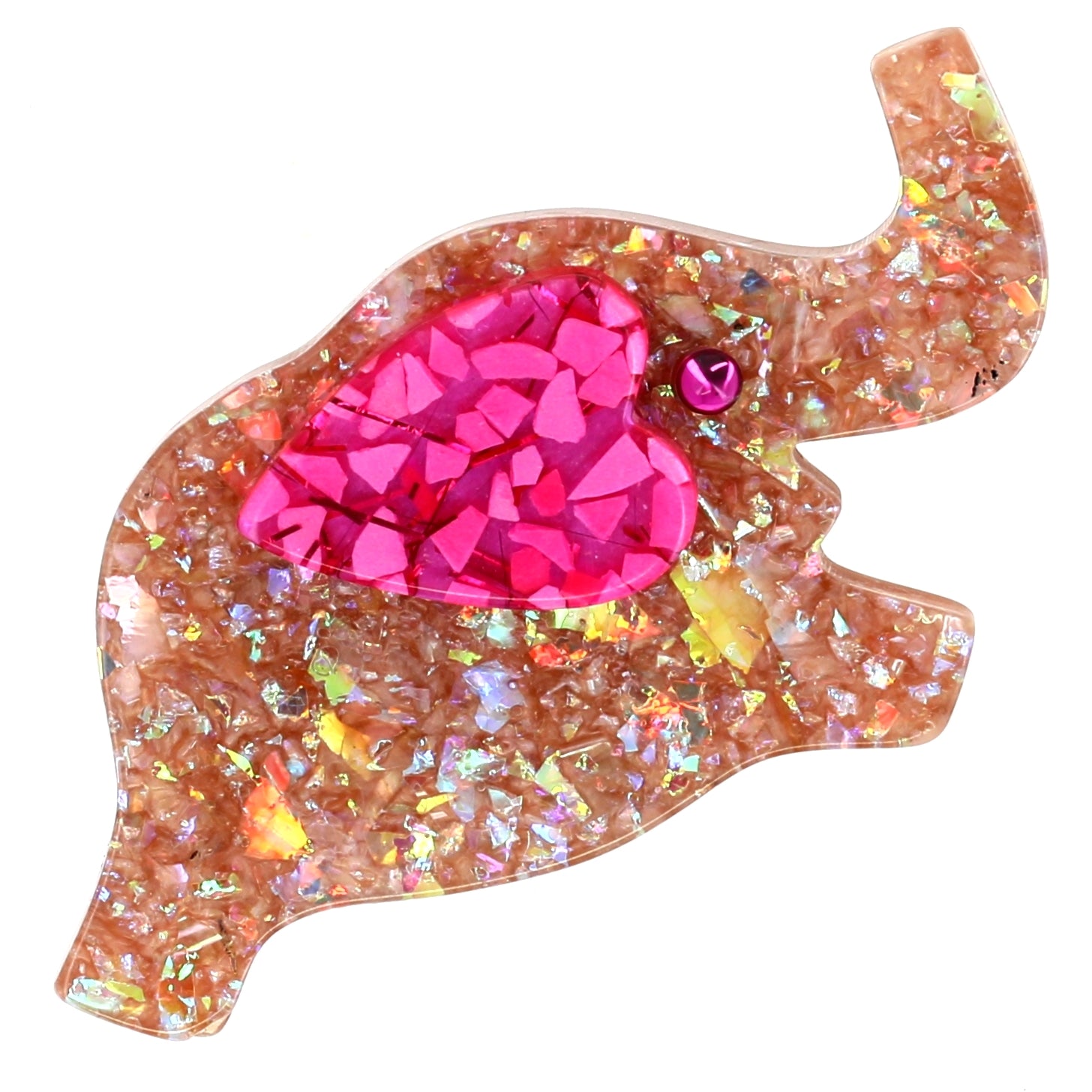 Glittering Beige Elephant Heart  Brooch  with a mosaic fuchsia ear
