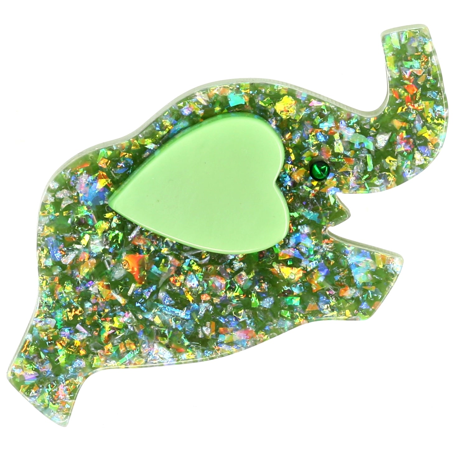 Glittering Almond green Elephant Heart  Brooch  with a light green ear