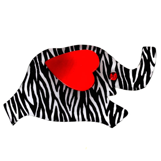 Black and White Zebra  Elephant Heart  Brooch With Red Ear