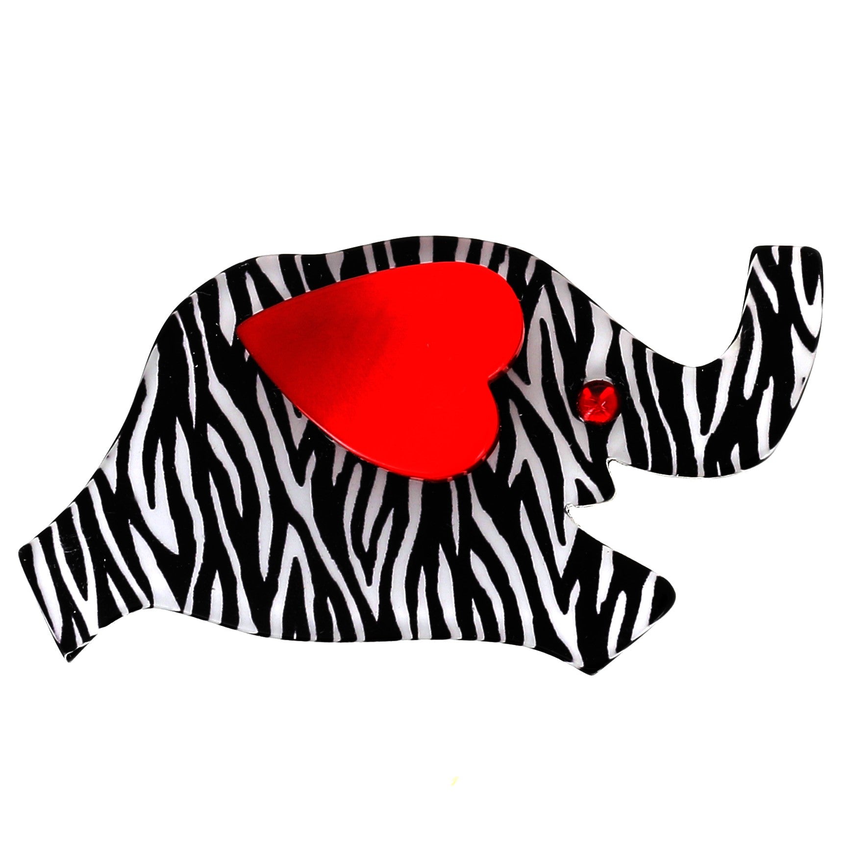 Black and White Zebra  Elephant Heart  Brooch With Red Ear