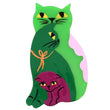 Green and Pink Family Cat Brooch in galalith