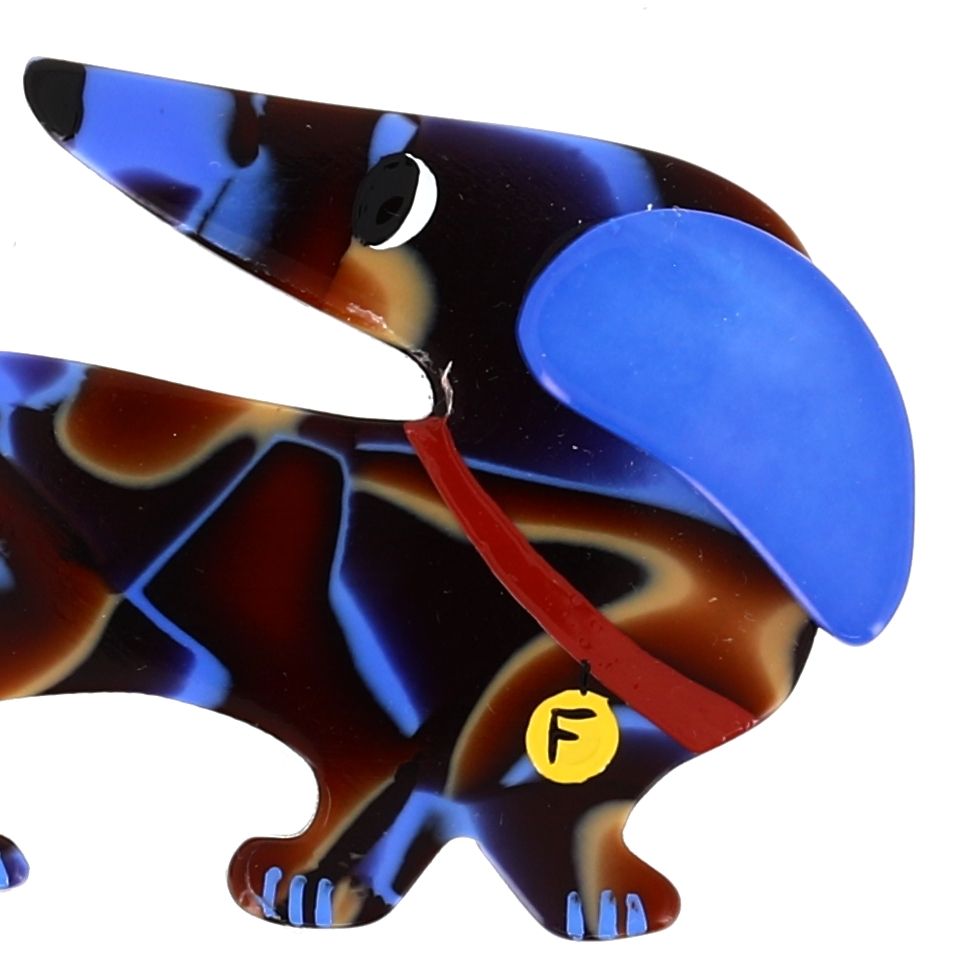 Blue and Caramel Dachshund Fifi Dog Brooch in acetate