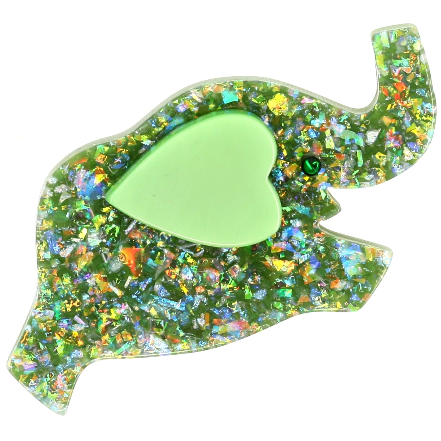 Glittering Almond green Elephant Heart Brooch with a light green ear - Galalith – Vintage Jewelry - handcrafted by Pavone by Pavone