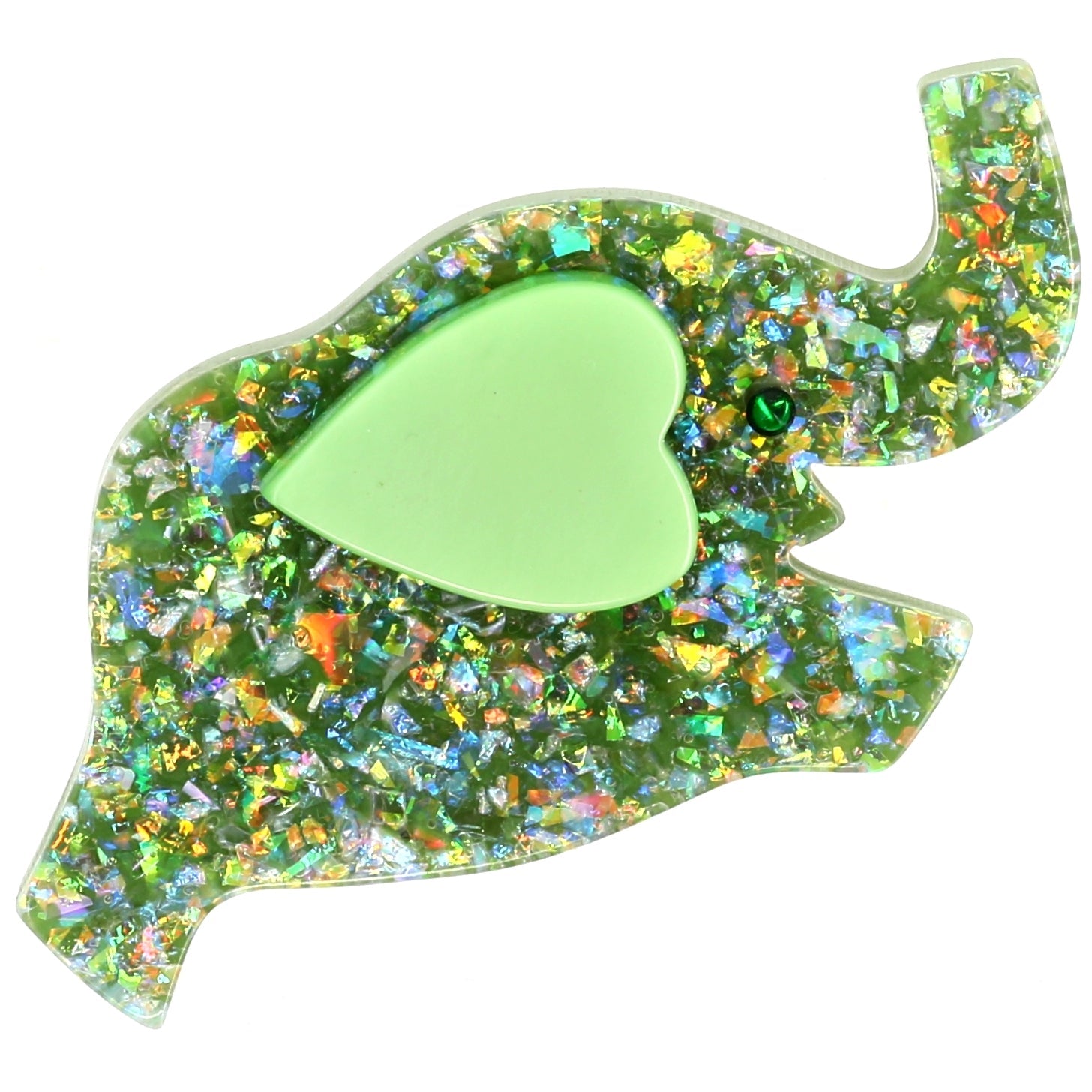 Glittering Almond green Elephant Heart Brooch with a light green ear - Galalith – Vintage Jewelry - handcrafted by Pavone by Pavone