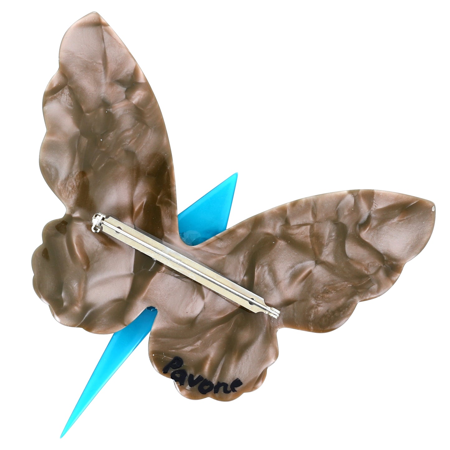 Large crumpled beige and turquoise butterfly brooch in galalith (casein) signed on the back