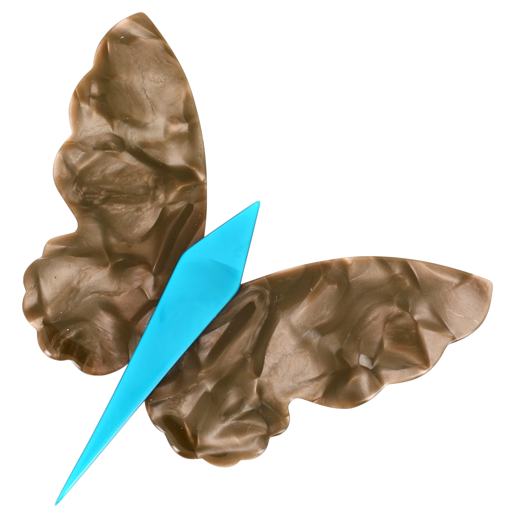 Large crumpled beige and turquoise butterfly brooch in galalith (casein)