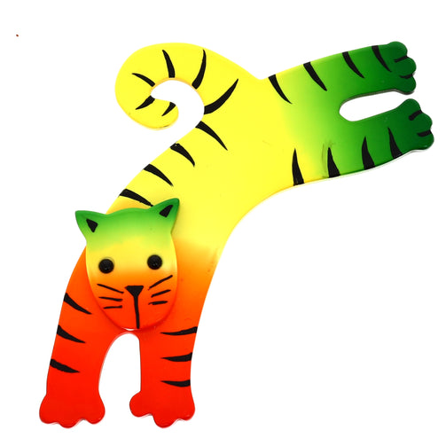 Orange rainbow Jumpy Cat Brooch in galalith
