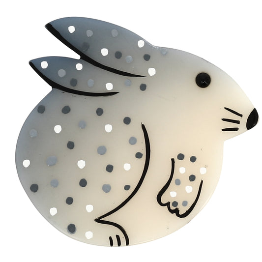 White Round Rabbit Brooch in galalith