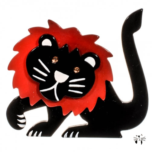 Black and Red Leo Lion Brooch in galalith