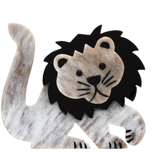 Hairy and black Leo Lion Brooch in galalith