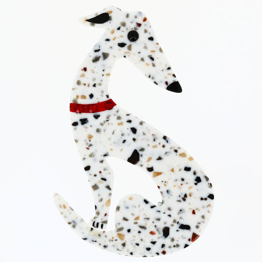 White Mosaic Greyhound Dog Brooch in galalith