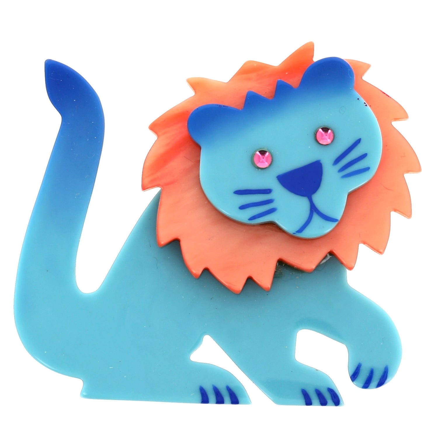 Azur and pink Leo Lion Brooch in galalith