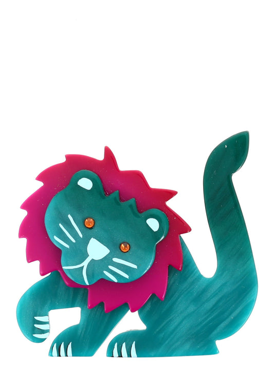 Emerald and cyclamen Leo Lion Brooch in galalith