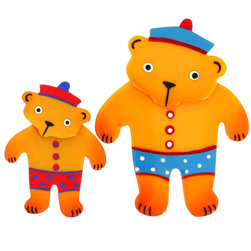 Mango-Red Teddy Bear and Mango Cub Brooches in galalith