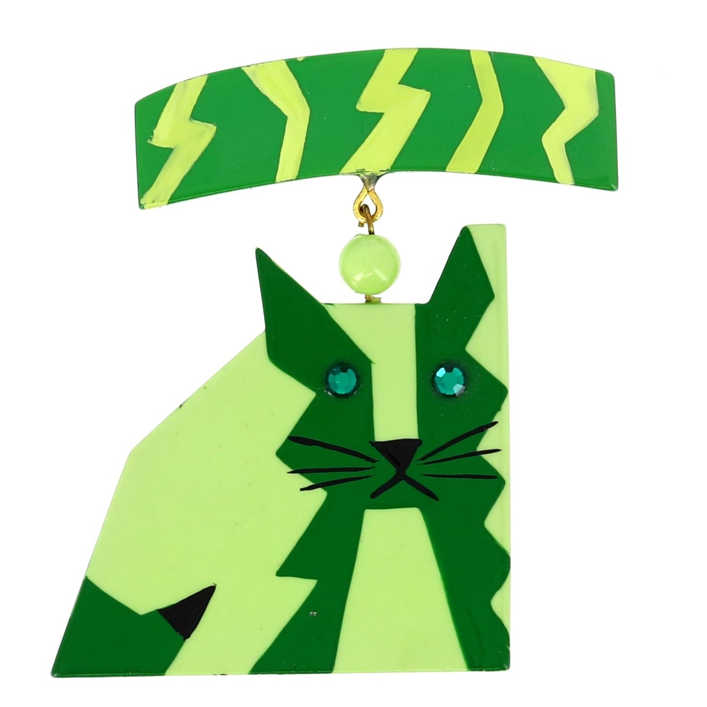 Anis and Mint Cat Medal Brooch in galalith