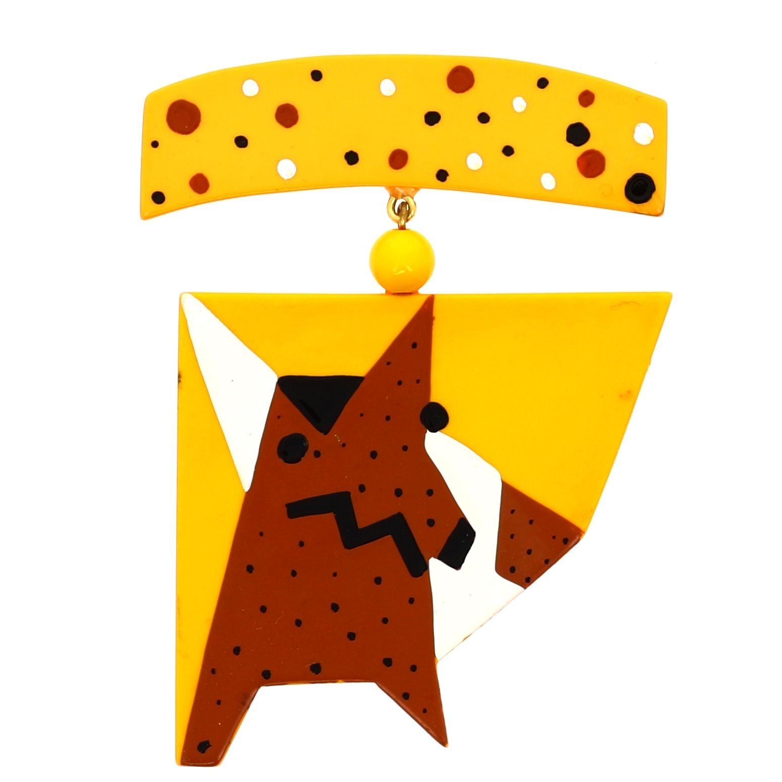 Yellow and Caramel Dog Medal Brooch in galalith