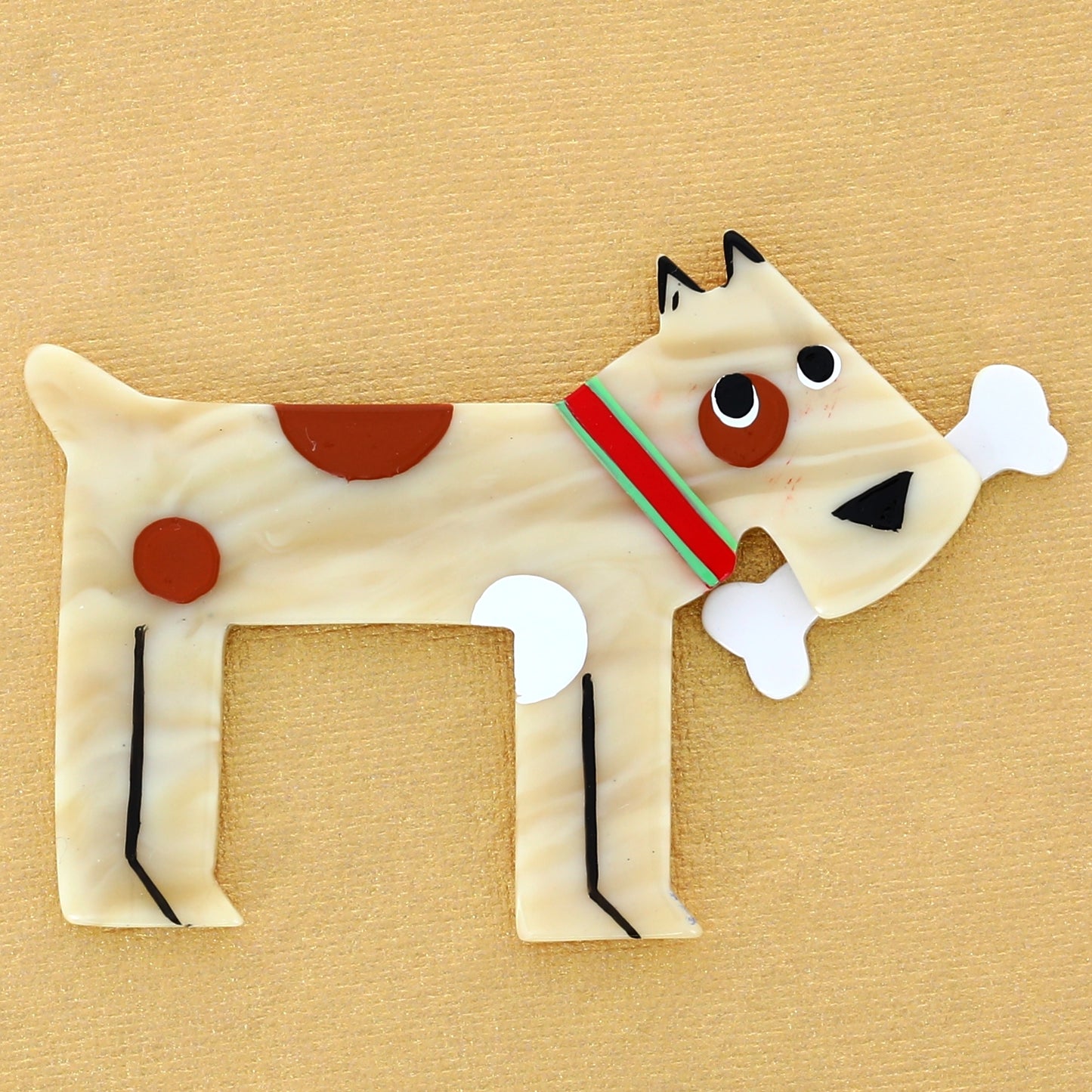 Creme Milou Dog Brooch with red necklace