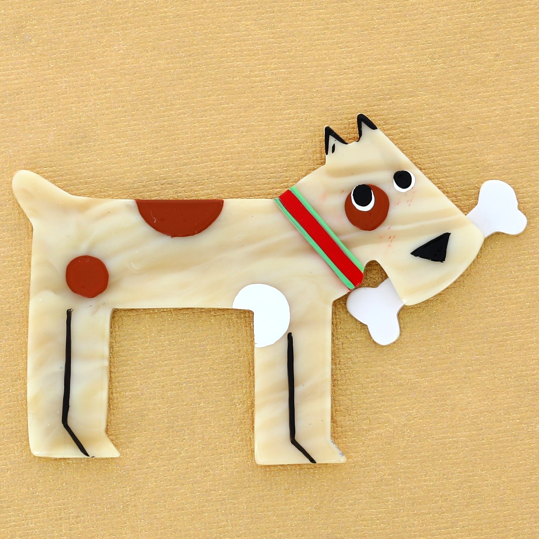 Creme Milou Dog Brooch with red necklace