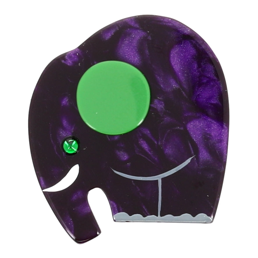 Purple Mini Elephant Brooch with a green ear