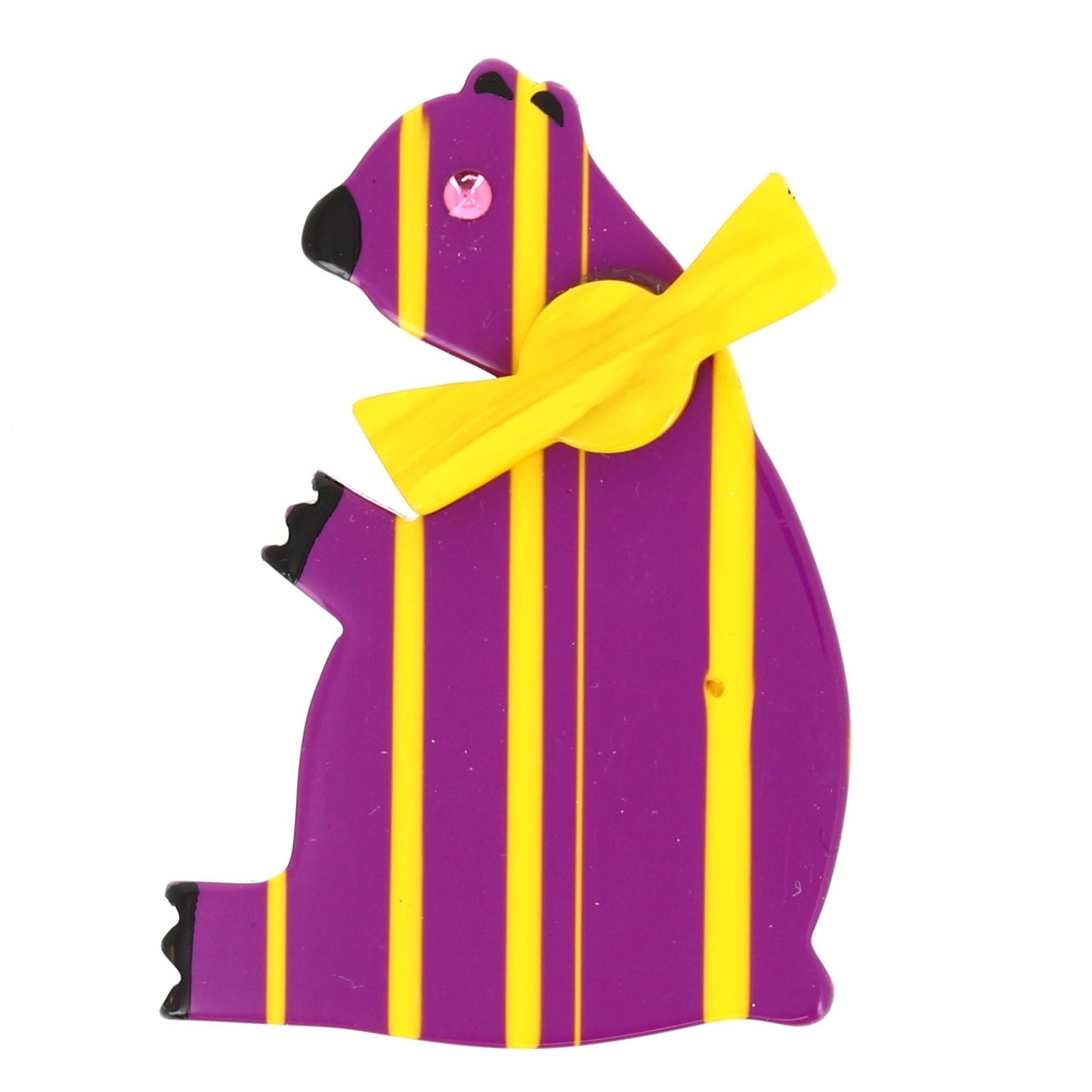 Striped Sitting Teddy Bear Brooch purple and yellow