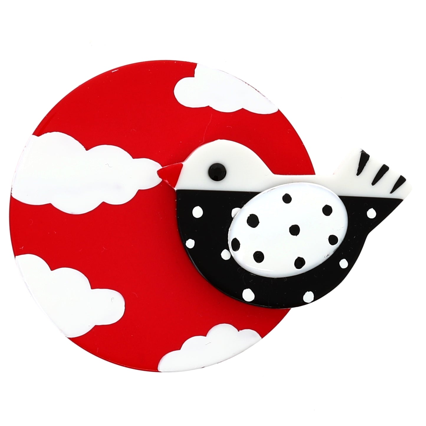 Red and Black and white Bird in the Sky Brooch in galalith