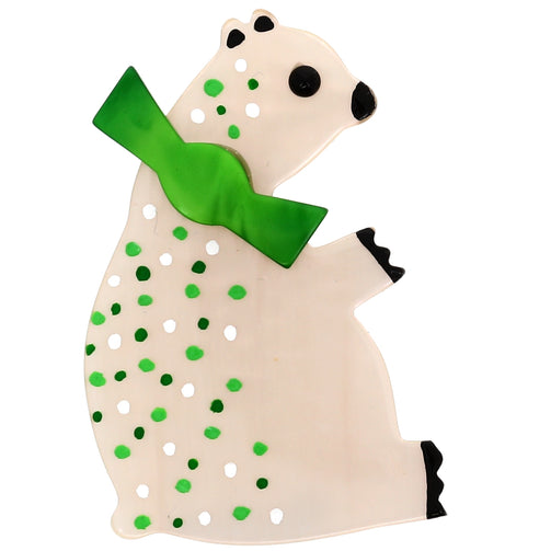  White Sitting Alex Bear Brooch with a green bow tie and green polka dots