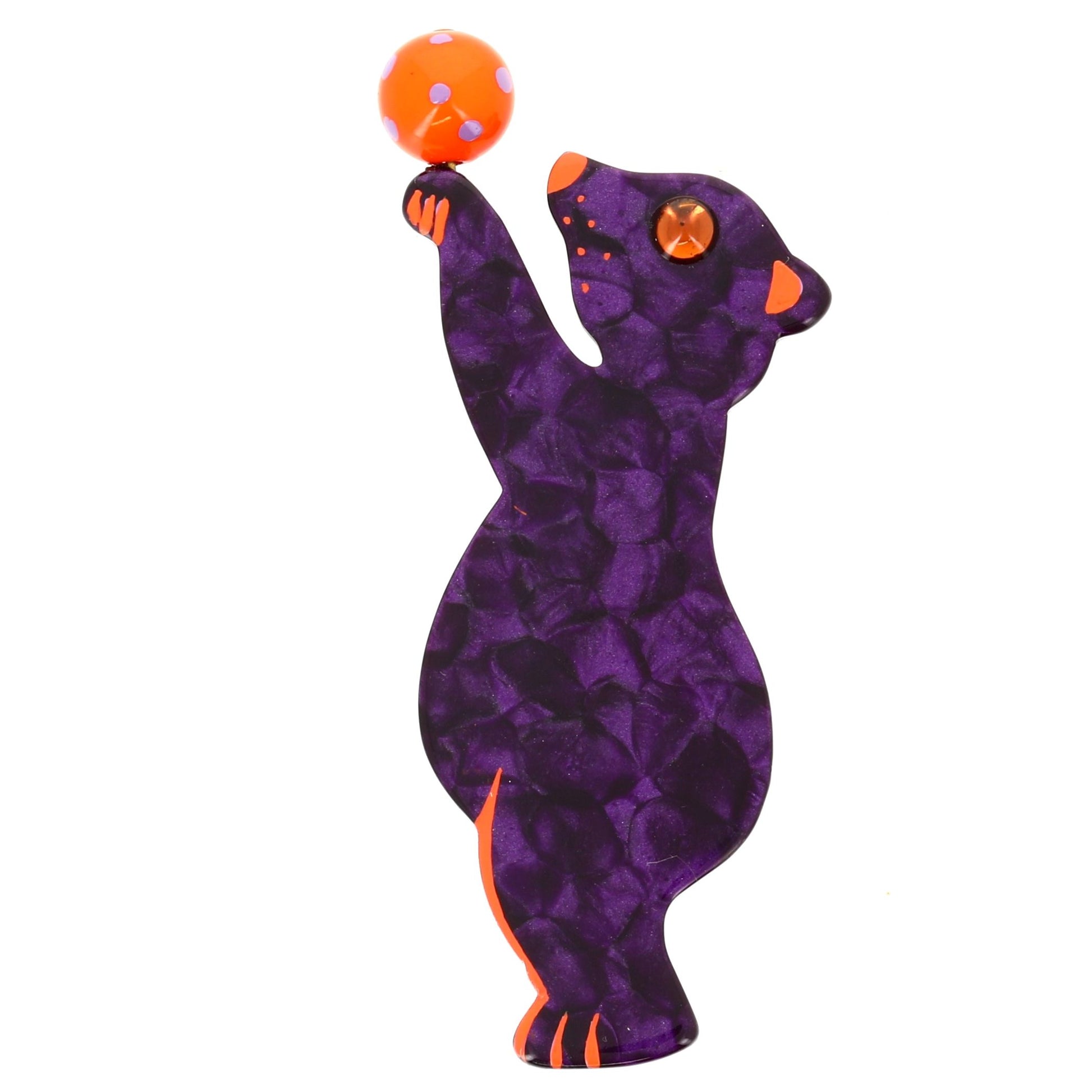Purple Juggling Bear Brooch in galalith