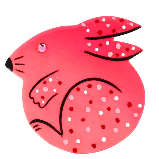 Candy Pink Round Rabbit Brooch (big one) in galalith