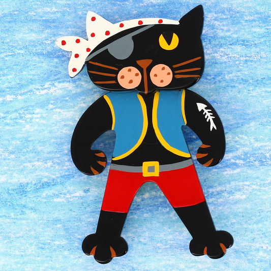 Turquoise Pirate Cat Brooch with white bandana (little one)
