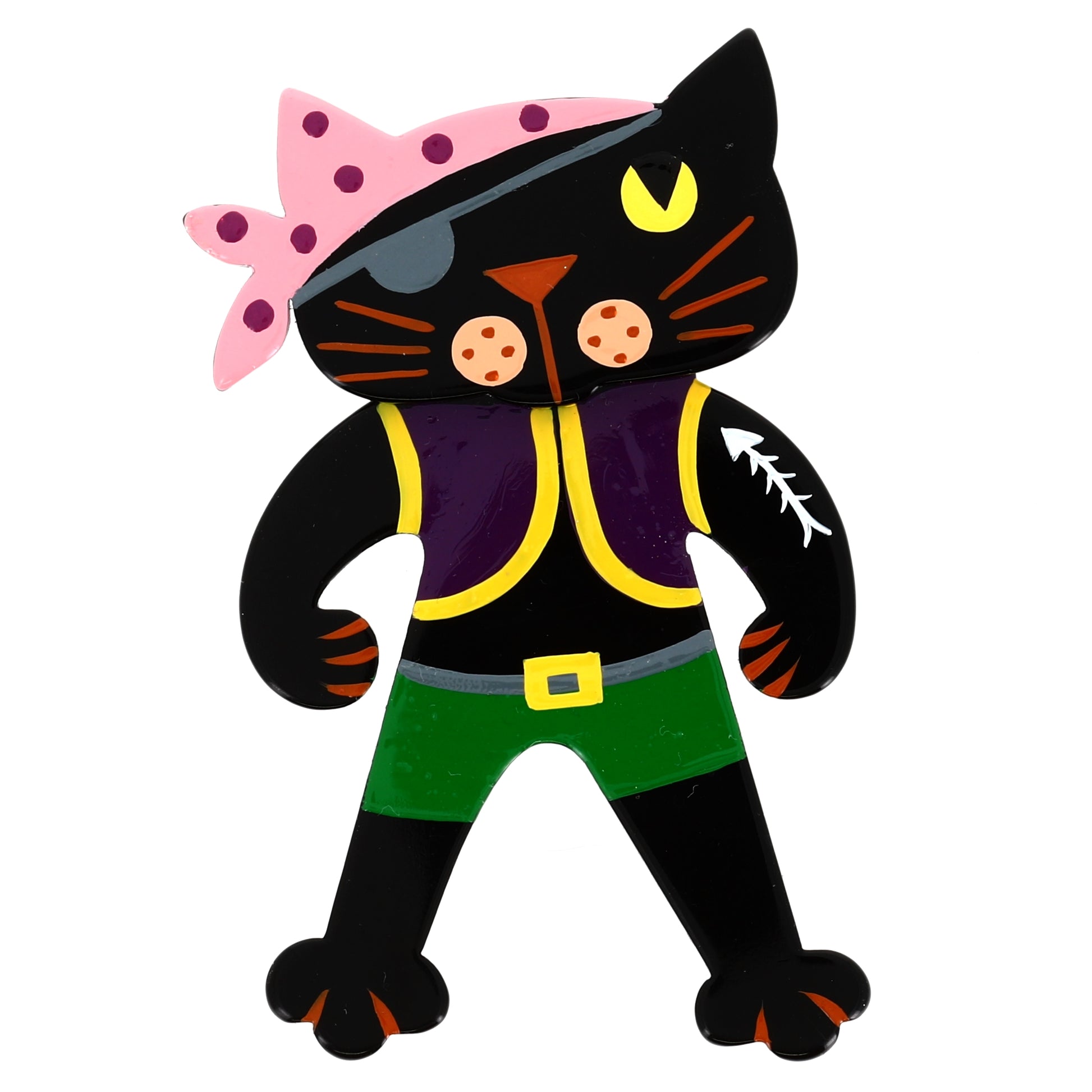 Purple and Green Pirate Cat Brooch (large one)
