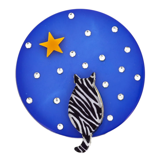 Blue and Zebra Full Moon Cat Brooch in galalith