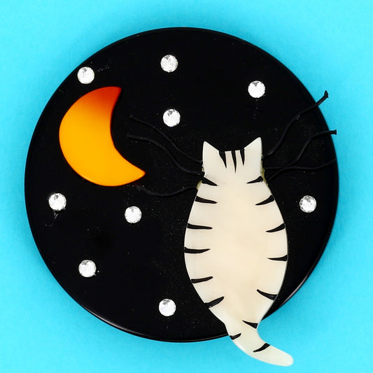Black and White Full Moon Cat Brooch in galalith